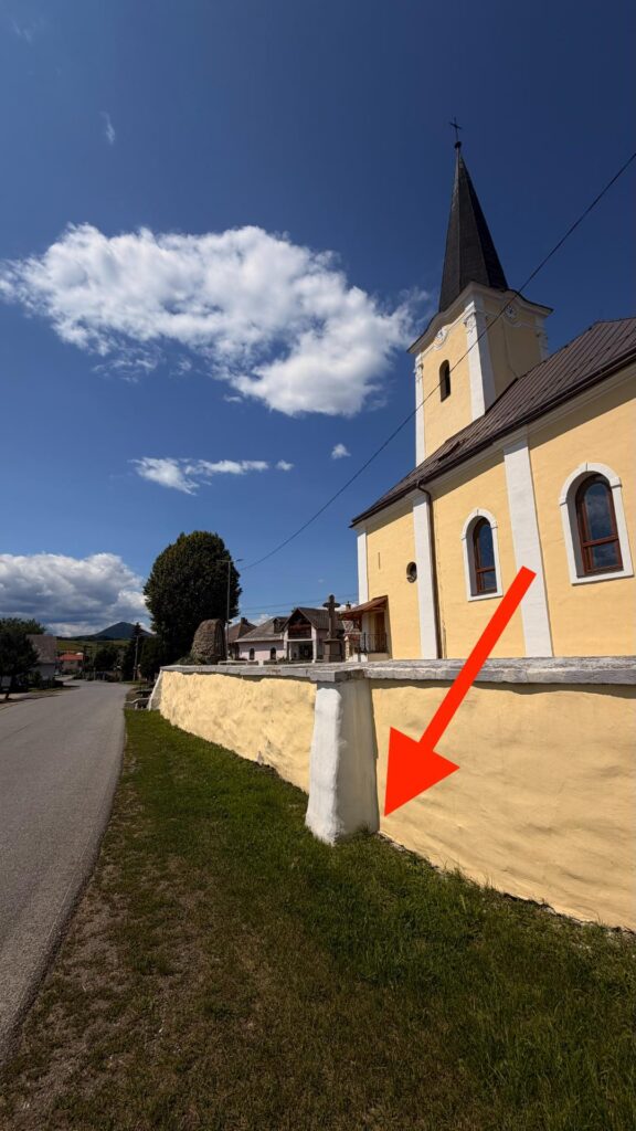 Hand-painted penguin stone #1106 hidden at Church of Saints Simon and Jude, Tulčík, Slovakia (photo 5 of 5)
