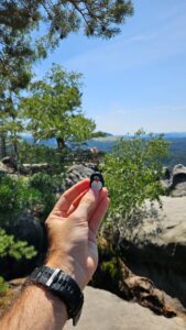 Hand-painted penguin stone #656 hidden at Vilemínina stěna, Jetřichovice, Czechia