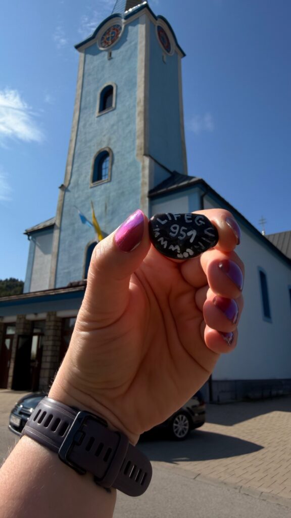 Hand-painted penguin stone #951 hidden at Blue Church, Oščadnica, Slovakia (photo 2 of 5)