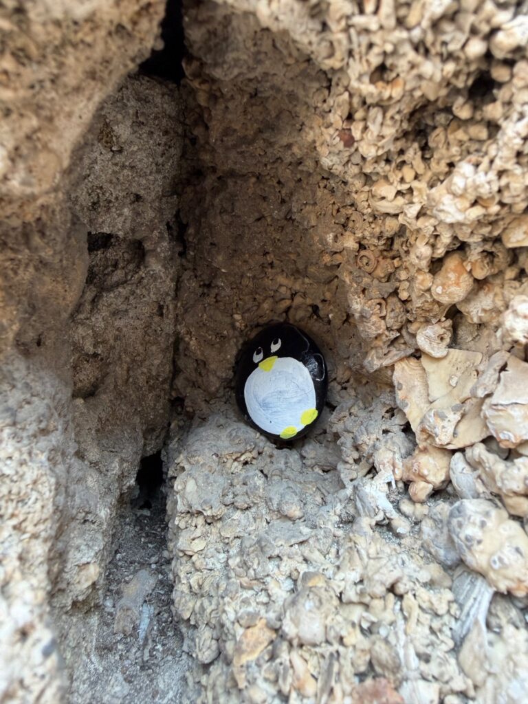 Hand-painted penguin stone #109 hidden at The Ruins of the Church of the Virgin Mary, Rhodes, Greece (photo 3 of 3)