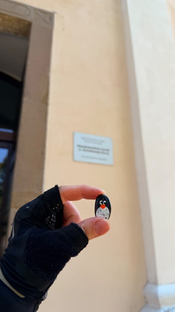 Hand-painted penguin stone #1148 hidden at Church of St Bartholomew the Great, Hniezdne, Slovakia (photo 2 of 4)