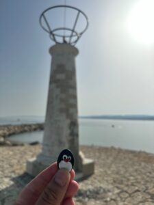 Hand-painted penguin stone #1185 hidden at Espigon del Puerto de Estepona, Estepona, Spain