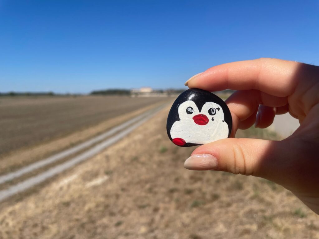 Hand-painted penguin stone #1311 hidden at Cross Road, Engelhartstetten, Austria