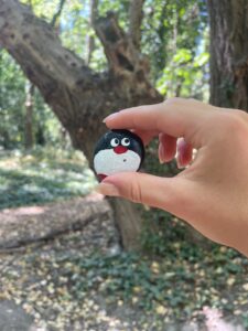 Hand-painted penguin stone #1317 hidden at Lido Park, Bratislava, Slovakia