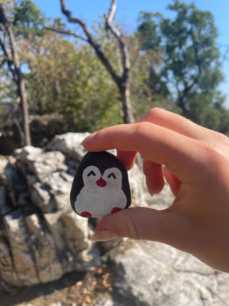 Hand-painted penguin stone #1404 hidden at Underneath Rocks, Little Carpathians, Slovakia (photo 3 of 4)