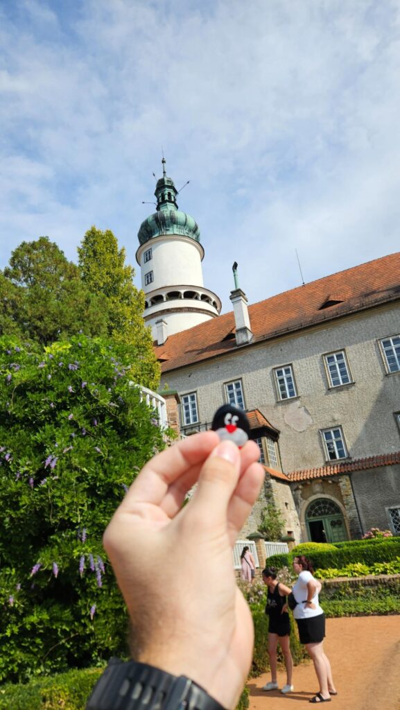 Hand-painted penguin stone #688 hidden at Castle Garden, Nové Město nad Metují, Czechia (photo 2 of 5)