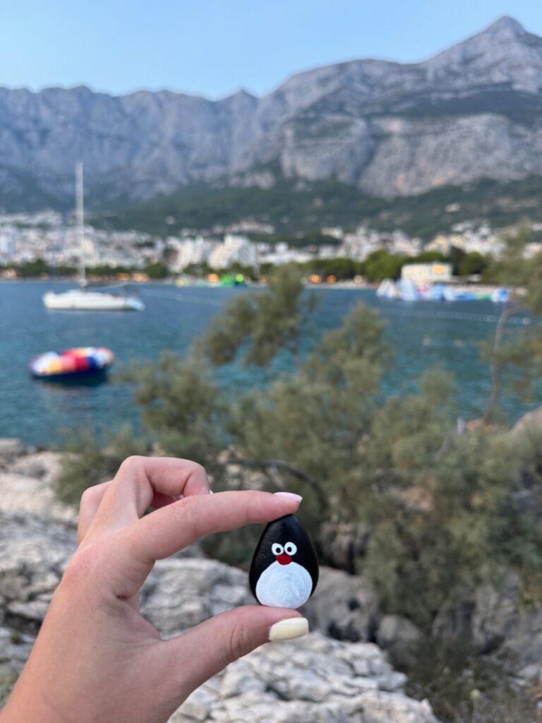 Hand-painted penguin stone #986 hidden at Rocks, Makarska, Croatia