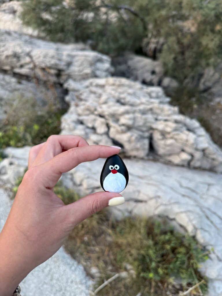 Hand-painted penguin stone #986 hidden at Rocks, Makarska, Croatia (photo 2 of 5)