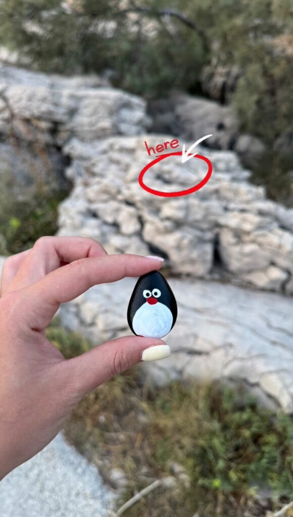Hand-painted penguin stone #986 hidden at Rocks, Makarska, Croatia (photo 3 of 5)