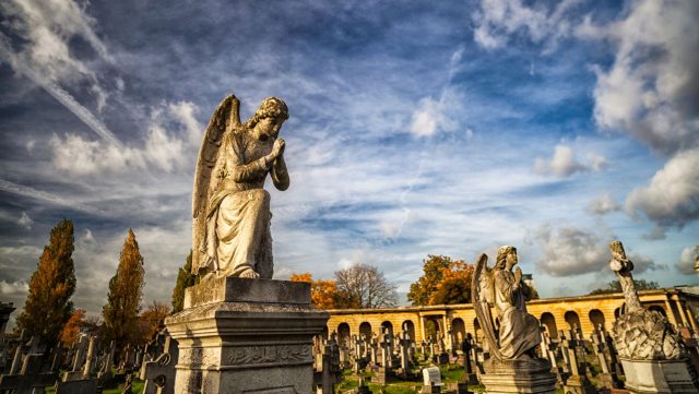 Ručne maľovaný tučniakový kameň č. 104 ukrytý na mieste Brompton Cemetery, London, Spojené kráľovstvo