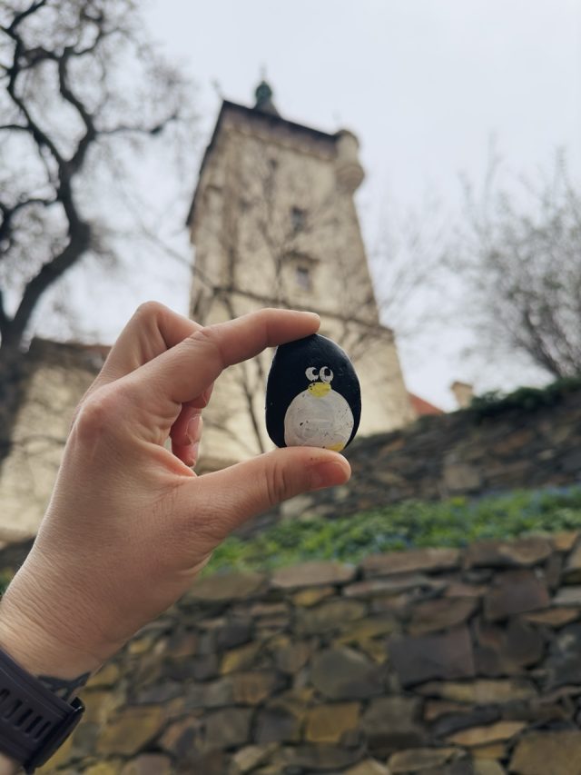 Hand-painted penguin stone #119 hidden at Pruhonice Chateau, Prague, Czechia (photo 2 of 5)