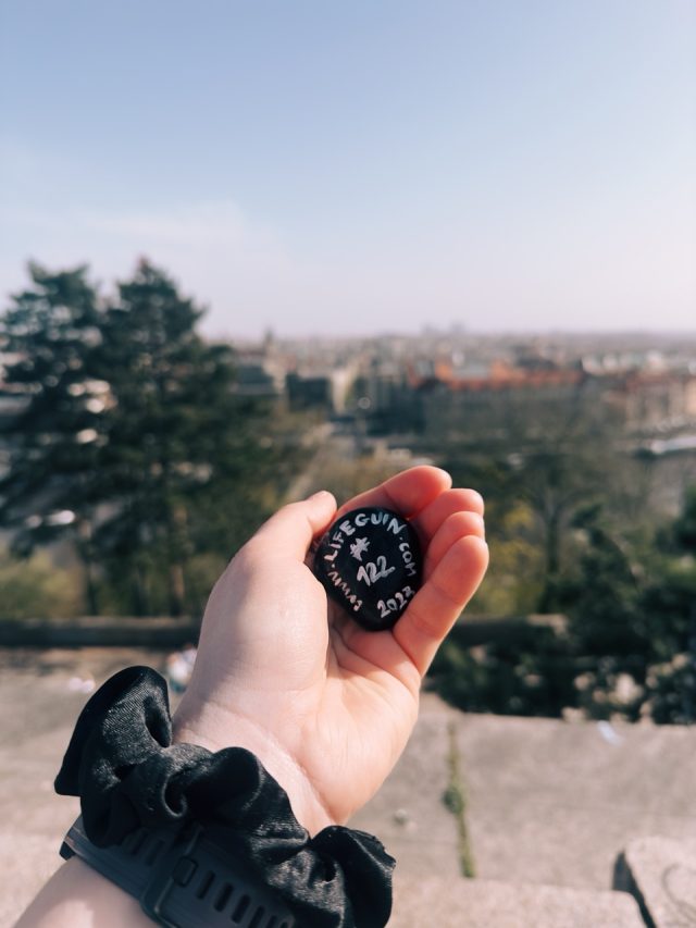 Hand-painted penguin stone #122 hidden at Metronome Sculpture, Prague, Czechia (photo 3 of 5)