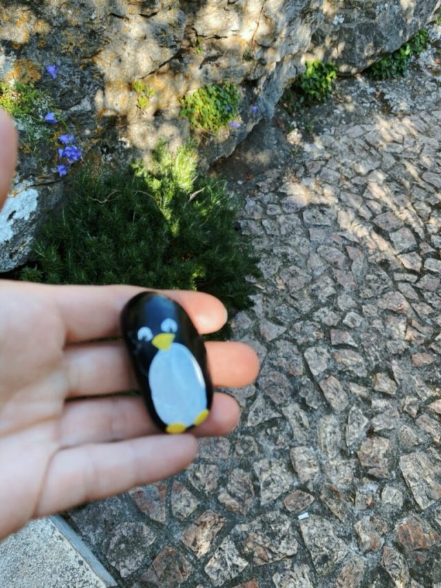 Hand-painted penguin stone #36 hidden at Le Jardin Exotique d'Eze, Eze, France (photo 2 of 5)