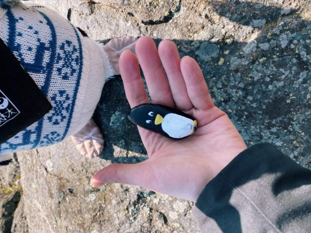 Hand-painted penguin stone #37 hidden at Kaivopuisto Park, Helsinki, Finland (photo 5 of 5)
