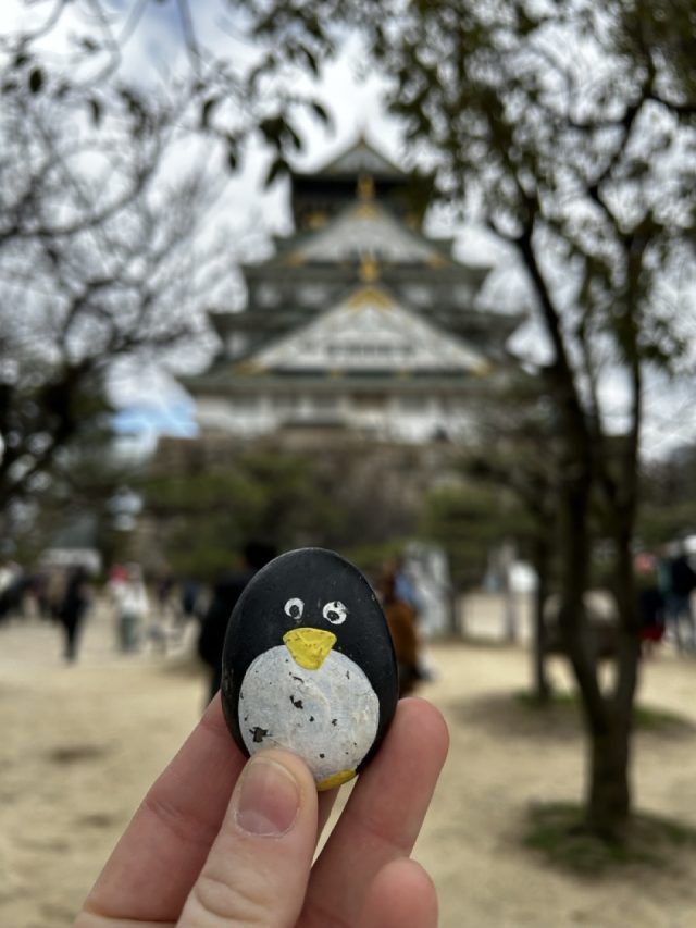 Hand-painted penguin stone #42 hidden at Osaka Castle, Osaka, Japan (photo 4 of 4)