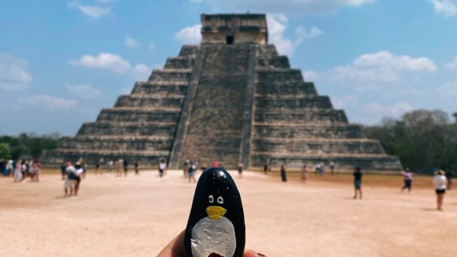 Ručne maľovaný tučniakový kameň č. 50 ukrytý na mieste Chichén Itzá, Yucatán, Mexiko