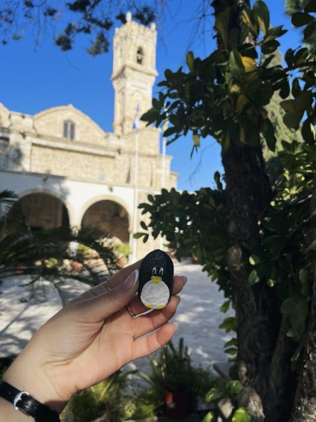 Hand-painted penguin stone #54 hidden at Panagia Chrisopolitissa, Larnaca, Cyprus (photo 2 of 4)
