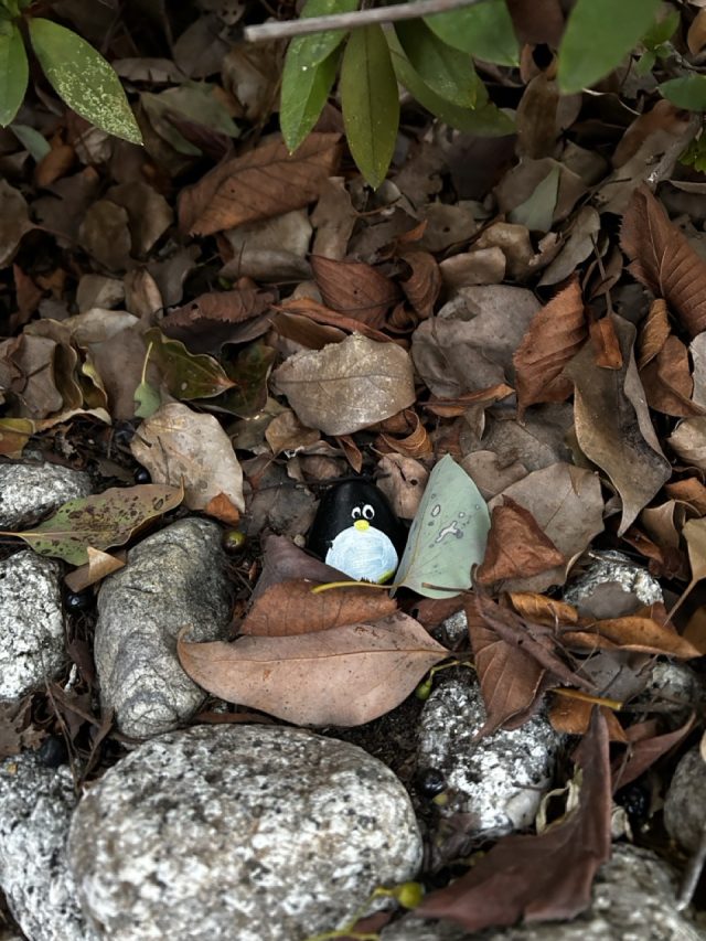 Hand-painted penguin stone #86 hidden at Hashimotocho Isukushima Shrine, Hiroshima, Japan (photo 4 of 4)