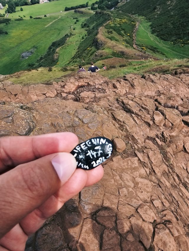Hand-painted penguin stone #147 hidden at Arthur's Seat, Edinburgh, United Kingdom (photo 3 of 5)