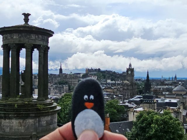 Hand-painted penguin stone #228 hidden at Dugald Stewart Monument, Edinburgh, United Kingdom (photo 5 of 5)