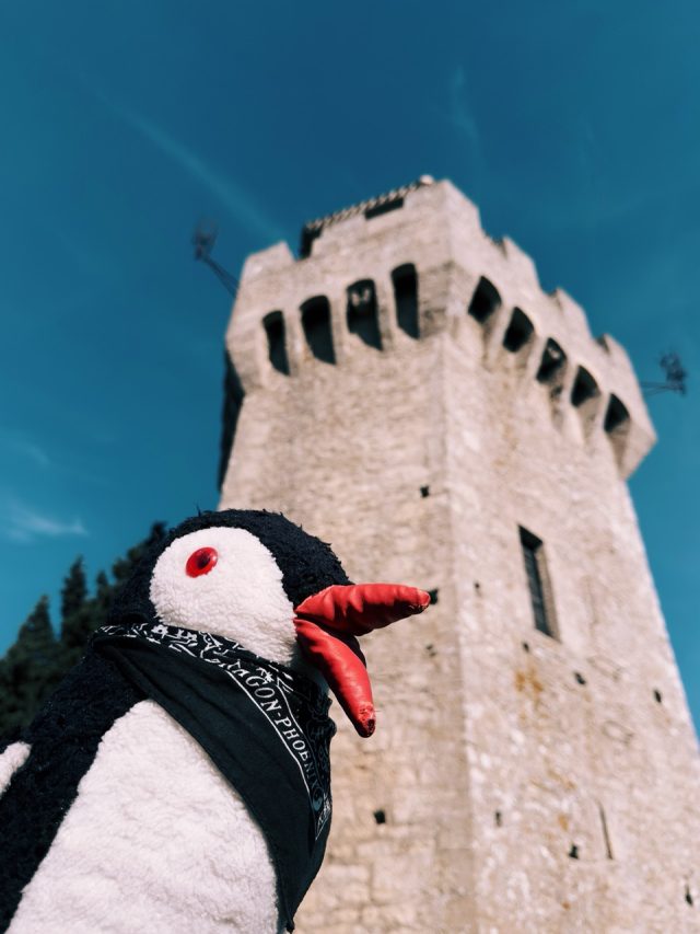 Hand-painted penguin stone #267 hidden at Montale Tower, San Marino, San Marino (photo 2 of 5)
