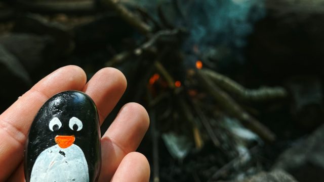 Hand-painted penguin stone #275 hidden at Kamzik, Bratislava, Slovakia