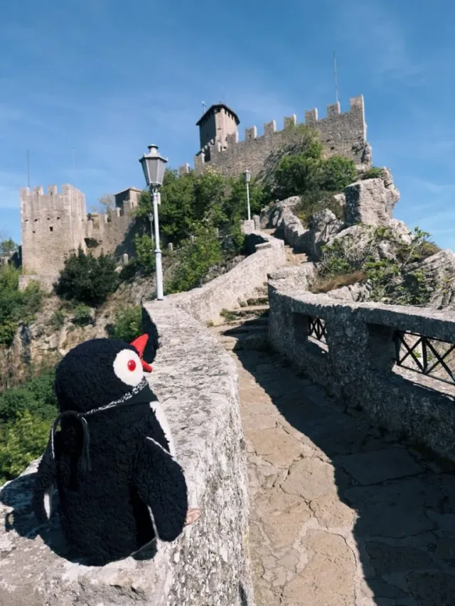 Hand-painted penguin stone #295 hidden at Guaita Fortress, San Marino, San Marino (photo 5 of 5)