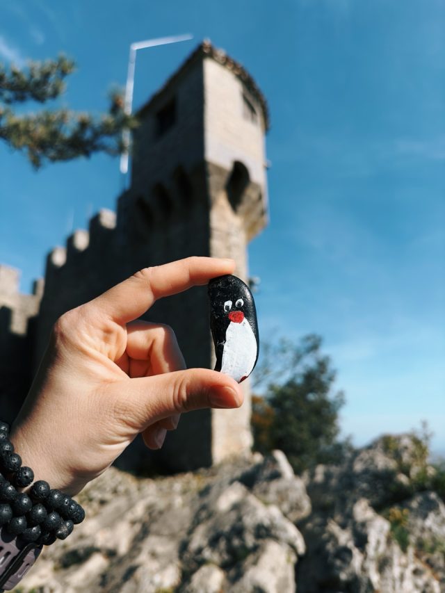Hand-painted penguin stone #298 hidden at Castle of the Cesta, San Marino, San Marino (photo 4 of 5)