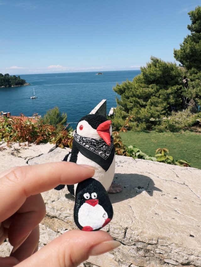 Hand-painted penguin stone #127 hidden at Church of St. Euphemia, Rovinij, Croatia (photo 4 of 5)