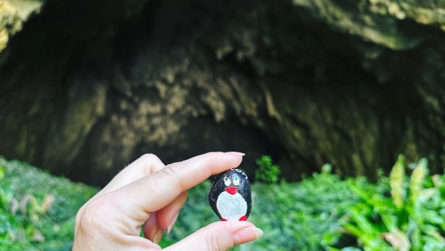 Hand-painted penguin stone #133 hidden at Skocjan Caves (outside), Skocjan Karst, Slovenia