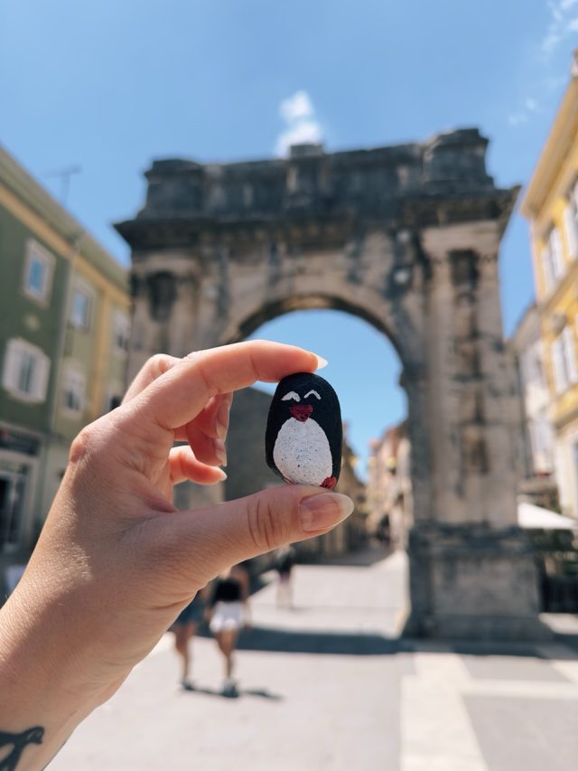 Hand-painted penguin stone #141 hidden at Pula Citadel, Pula, Croatia (photo 3 of 5)