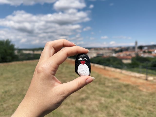 Hand-painted penguin stone #141 hidden at Pula Citadel, Pula, Croatia (photo 5 of 5)