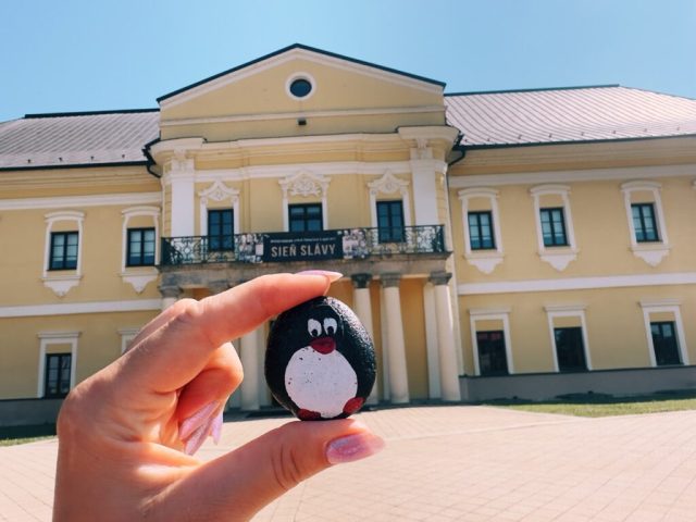 Hand-painted penguin stone #169 hidden at Manor House Snina, Snina, Slovakia (photo 3 of 5)