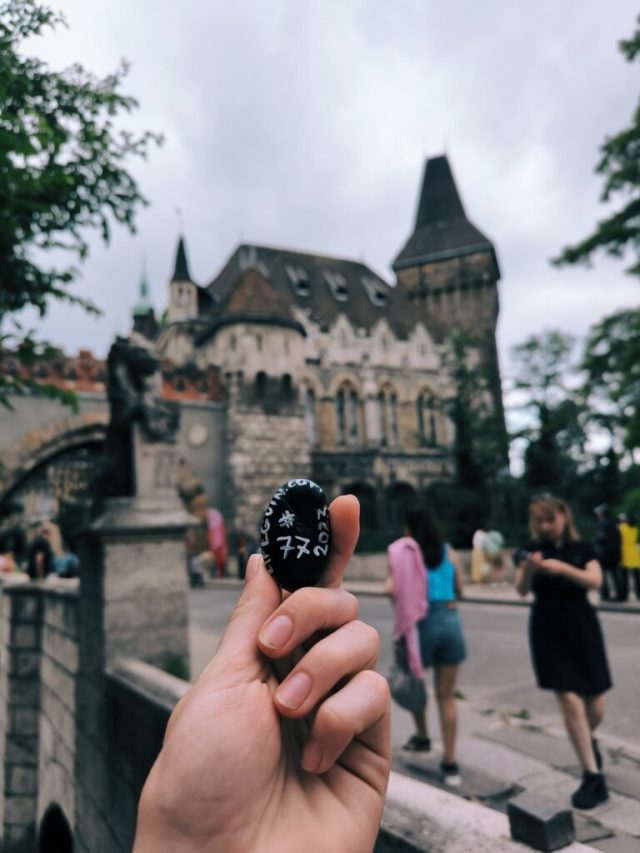 Hand-painted penguin stone #77 hidden at Vajdahunyad Castle, Budapest, Hungary (photo 5 of 5)