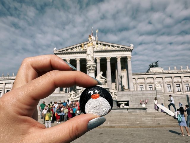 Hand-painted penguin stone #194 hidden at Schonbrunn Palace, Vienna, Austria (photo 2 of 5)