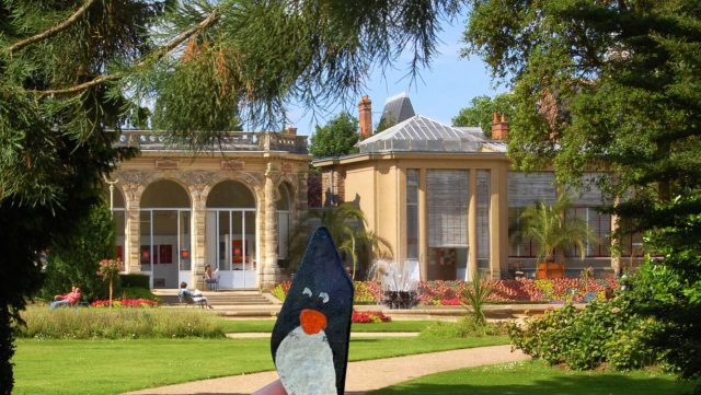 Hand-painted penguin stone #281 hidden at Parc du Thabor, Rennes, France