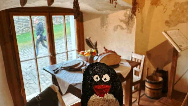 Hand-painted penguin stone #172 hidden at Underground of the Castle Stara Lubovna, Stara Lubovna, Slovakia