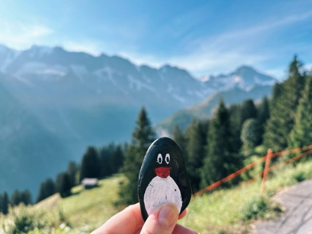 Hand-painted penguin stone #188 hidden at Sprutz Waterfall, Murren, Switzerland (photo 2 of 5)