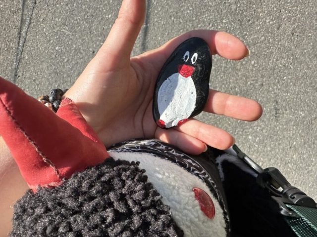 Hand-painted penguin stone #188 hidden at Sprutz Waterfall, Murren, Switzerland (photo 5 of 5)