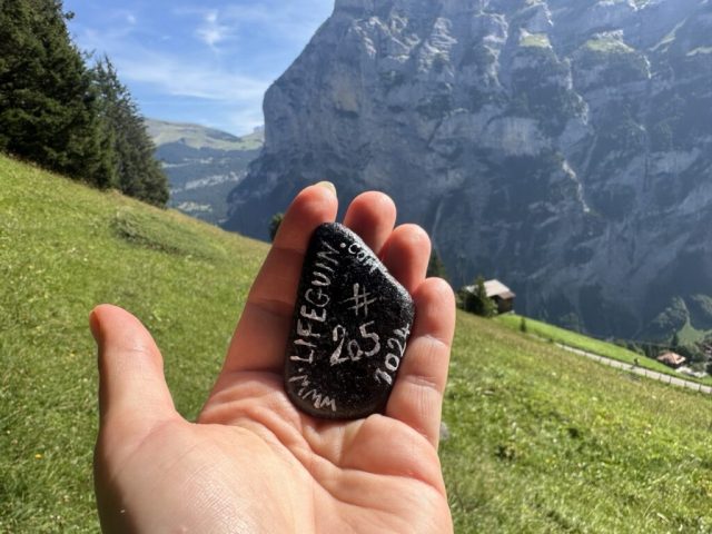 Hand-painted penguin stone #205 hidden at Scenic View, Gimmelwald, Switzerland (photo 3 of 5)