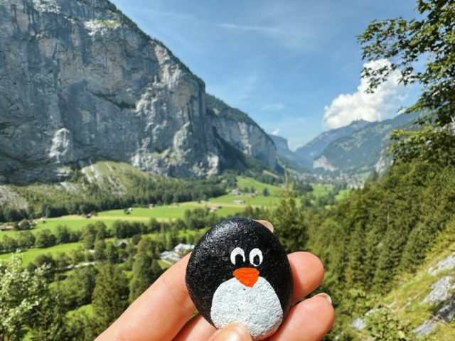 Hand-painted penguin stone #212 hidden at Trummelbach Waterfall, Lauterbrunnen, Switzerland (photo 2 of 5)