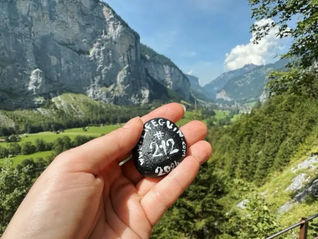 Hand-painted penguin stone #212 hidden at Trummelbach Waterfall, Lauterbrunnen, Switzerland (photo 4 of 5)