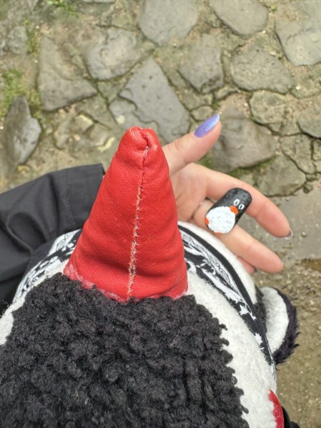 Hand-painted penguin stone #248 hidden at Castle Replica, Stara Lubovna, Slovakia (photo 5 of 5)