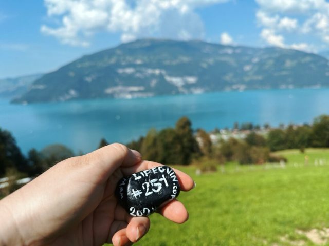 Hand-painted penguin stone #251 hidden at Hiking Path, Leissigen, Switzerland (photo 5 of 5)