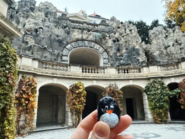 Hand-painted penguin stone #198 hidden at Grebovka, Prague, Czechia (photo 3 of 5)