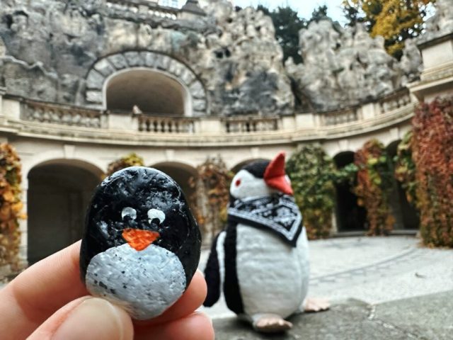 Hand-painted penguin stone #198 hidden at Grebovka, Prague, Czechia (photo 5 of 5)