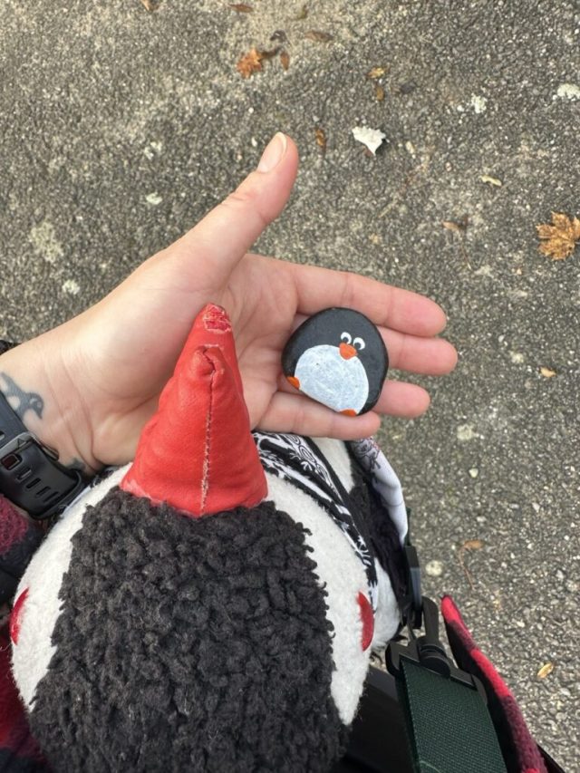 Hand-painted penguin stone #211 hidden at Lookout Tower, Devinska Kobyla, Slovakia (photo 5 of 5)