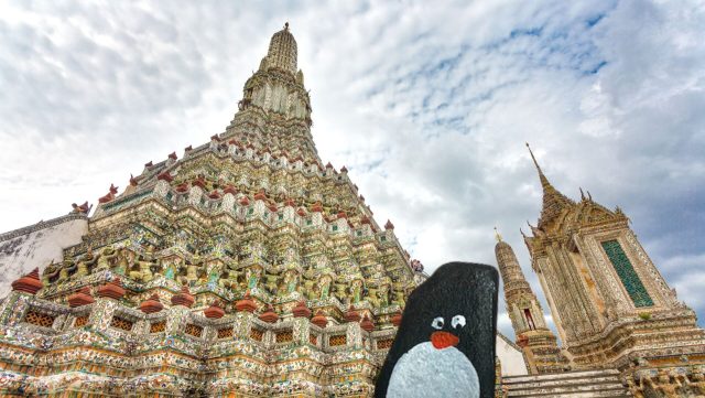 Ručne maľovaný tučniakový kameň č. 214 ukrytý na mieste Wat Arun Temple, Bangkok, Thajsko