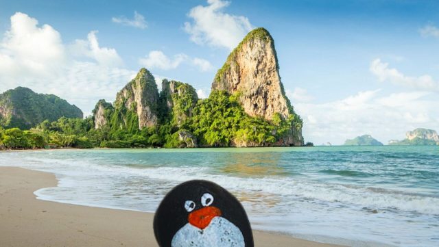 Ručne maľovaný tučniakový kameň č. 289 ukrytý na mieste Railay Beach, Krabi, Thajsko