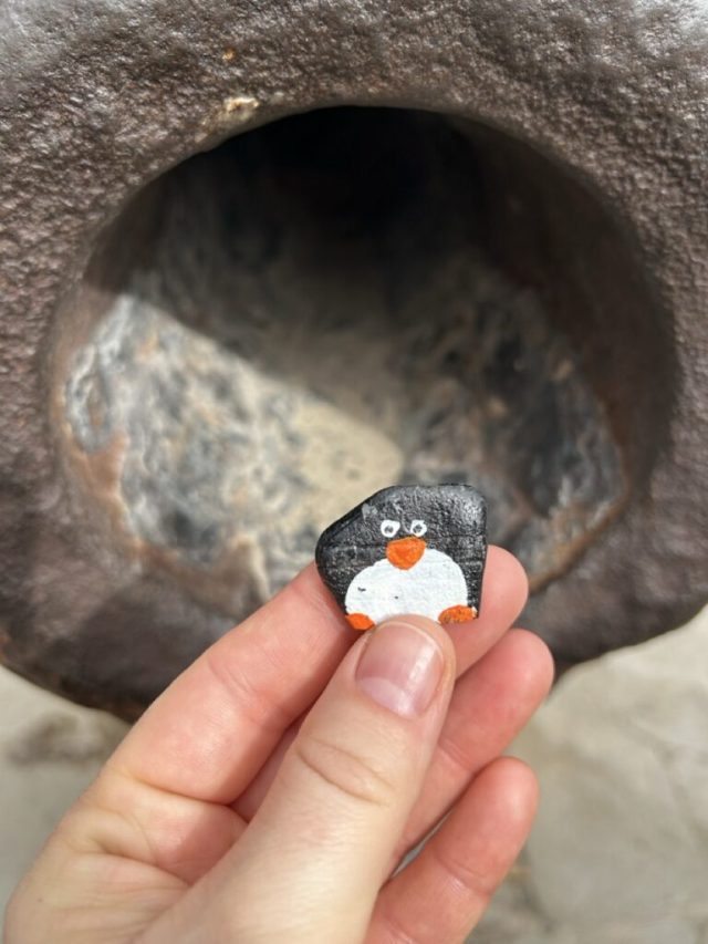 Hand-painted penguin stone #257 hidden at Castillo de Santa Barbara, Alicante, Spain (photo 2 of 5)